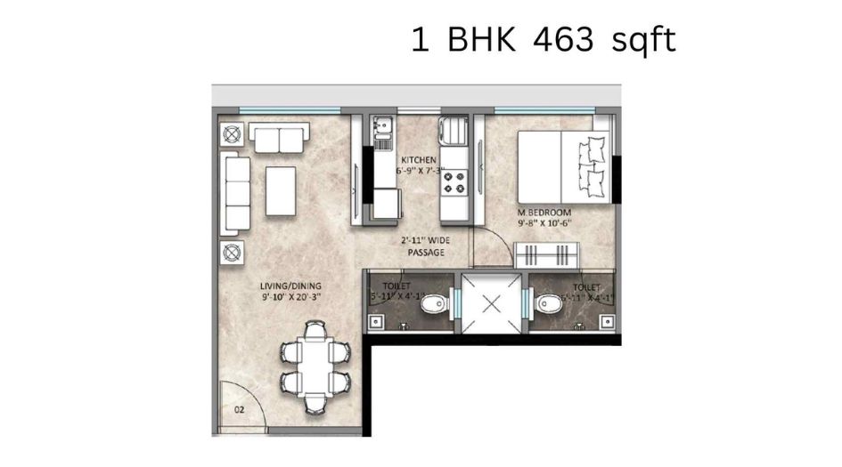 Sanghvi-Aria-Floor-Plan-1 BHK-463 Sqft